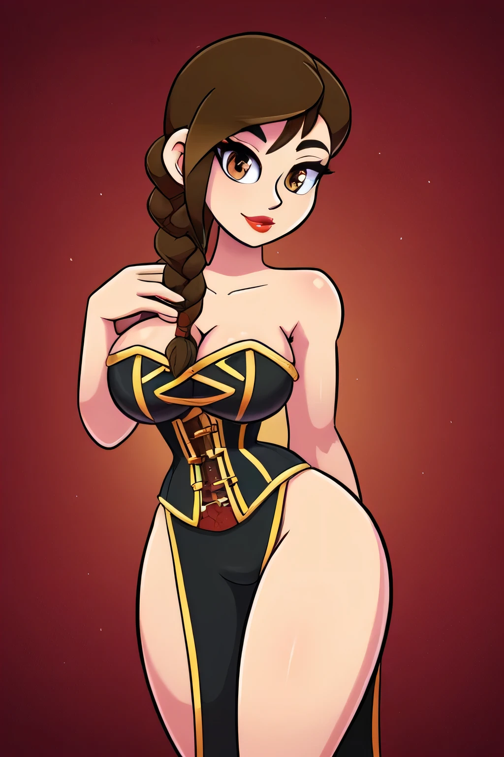 A Chinese girl with very sexy thighs, light skin, big chest, brown eyes, and hair styled in a brown braid, wears a shiny dark black Chinese suit under a golden corset.