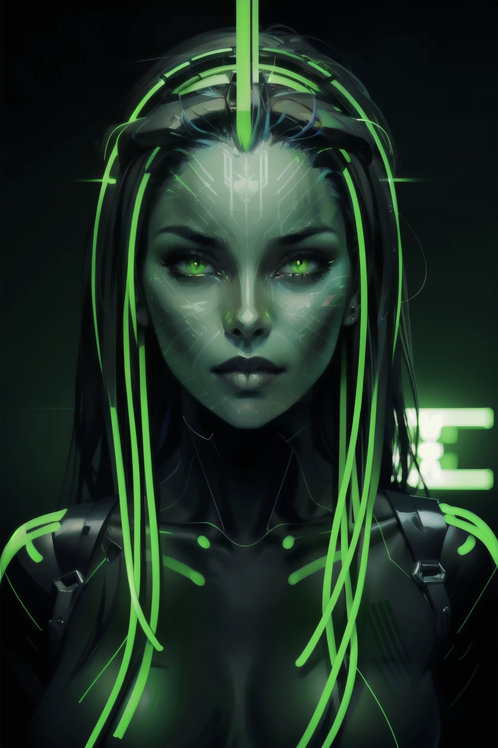 (masterpiece, best quality, high resolution),  1girl, portrait, green theme, neon