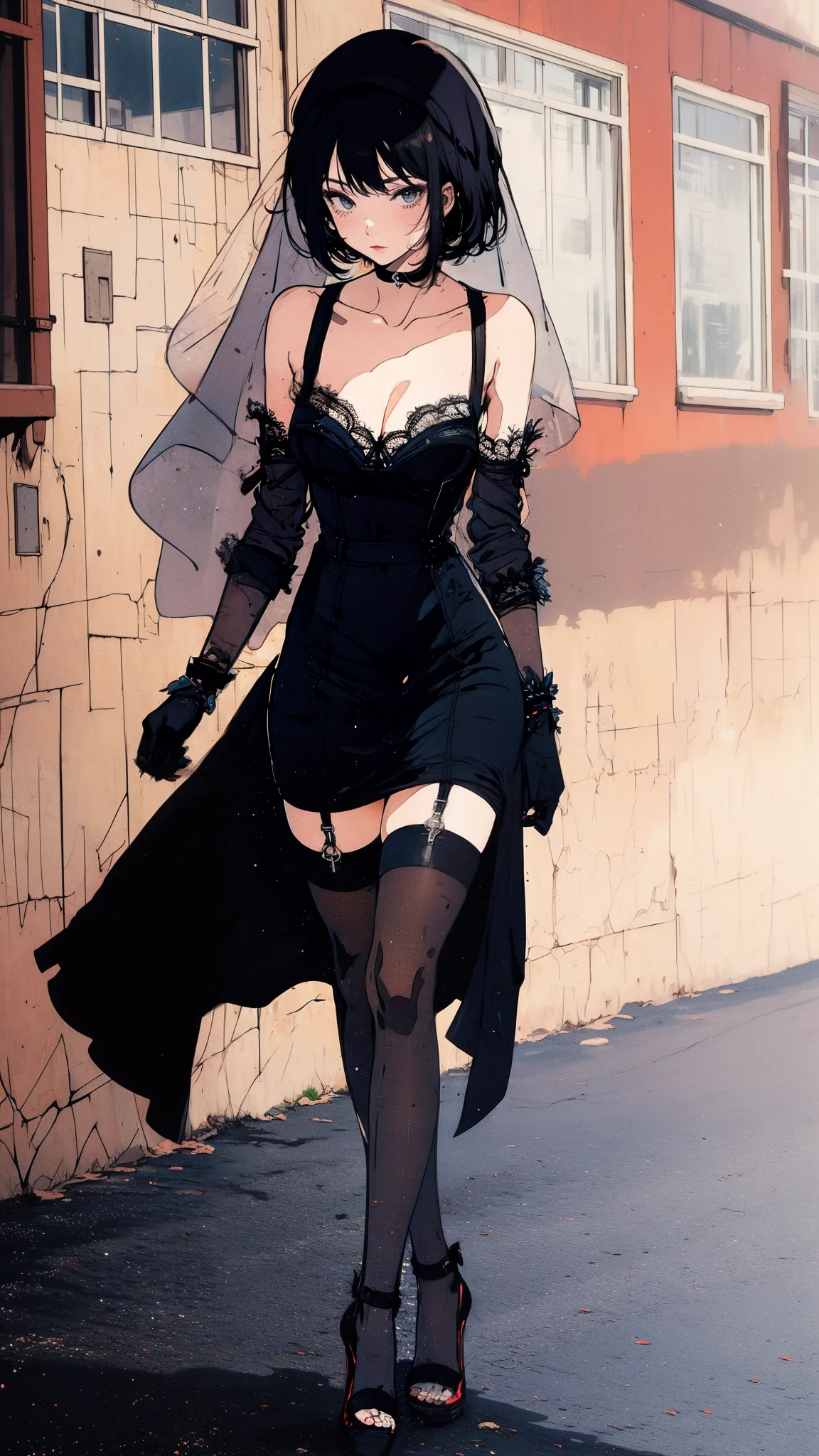 ((Best quality)),ultra detailed, Young woman, Succubus, stockings with suspenders, playful look, long sleeves, bare shoulders, hat with veil, heels with line, vintage, went out for a walk and leaned over for a color, sniffs it