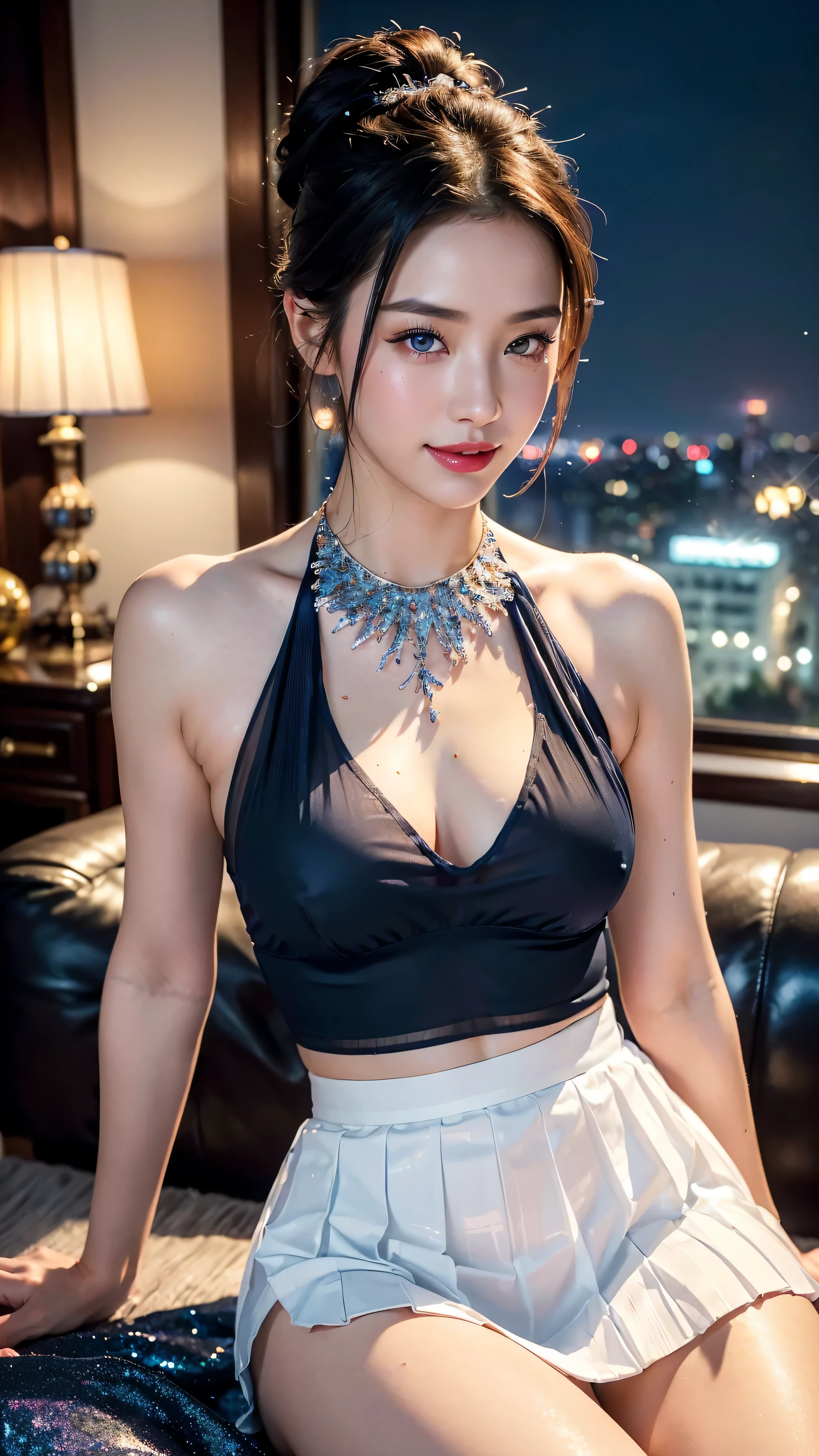 ((Realistic photo, Best quality, 8K, Masterpiece: 1.3)), (raw photo:1.2), Hyperrealist portrait gorgeous Beautiful Chinese girl, , Perfect Figure, pretty body, (beautiful flat breasts: 1.2), very detailed eyes and face, (lustfully naughty face, crimson red lip, glitter heavy makeup: 1.3, blushing, glitter eyelid), beautiful detailed eyes, seductive sharp eyes, (charming smile: 1.2), white skin, photo realistic, very detailed face, ((modern dark blue transparent halter top: 1.2, modern white glitter pleated skirt: 1.2)), (modern jewelry, necklace, bracelet), (long legs: 1.2, beautiful long nails), messy updo hairstyle, ((sexy kneeling pose)), (modern living room dim light, Night city view background)