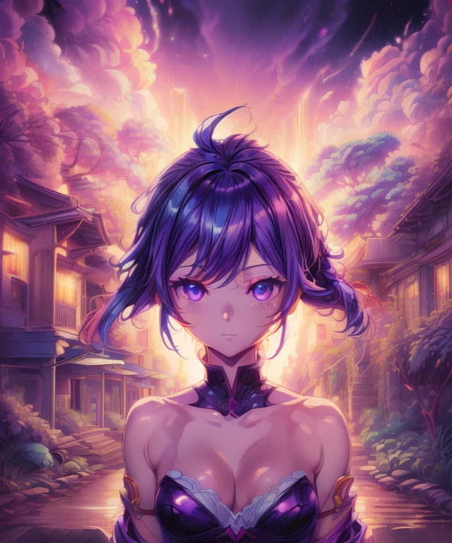 anime girl with purple hair and purple eyes in a purple outfit, ayaka genshin impact, [[[[grinning evily]]]], akasuki voidstar, onmyoji portrait, hajime yatate, anime moe artstyle, portrait knights of zodiac girl, keqing from genshin impact, ayaka game genshin impact