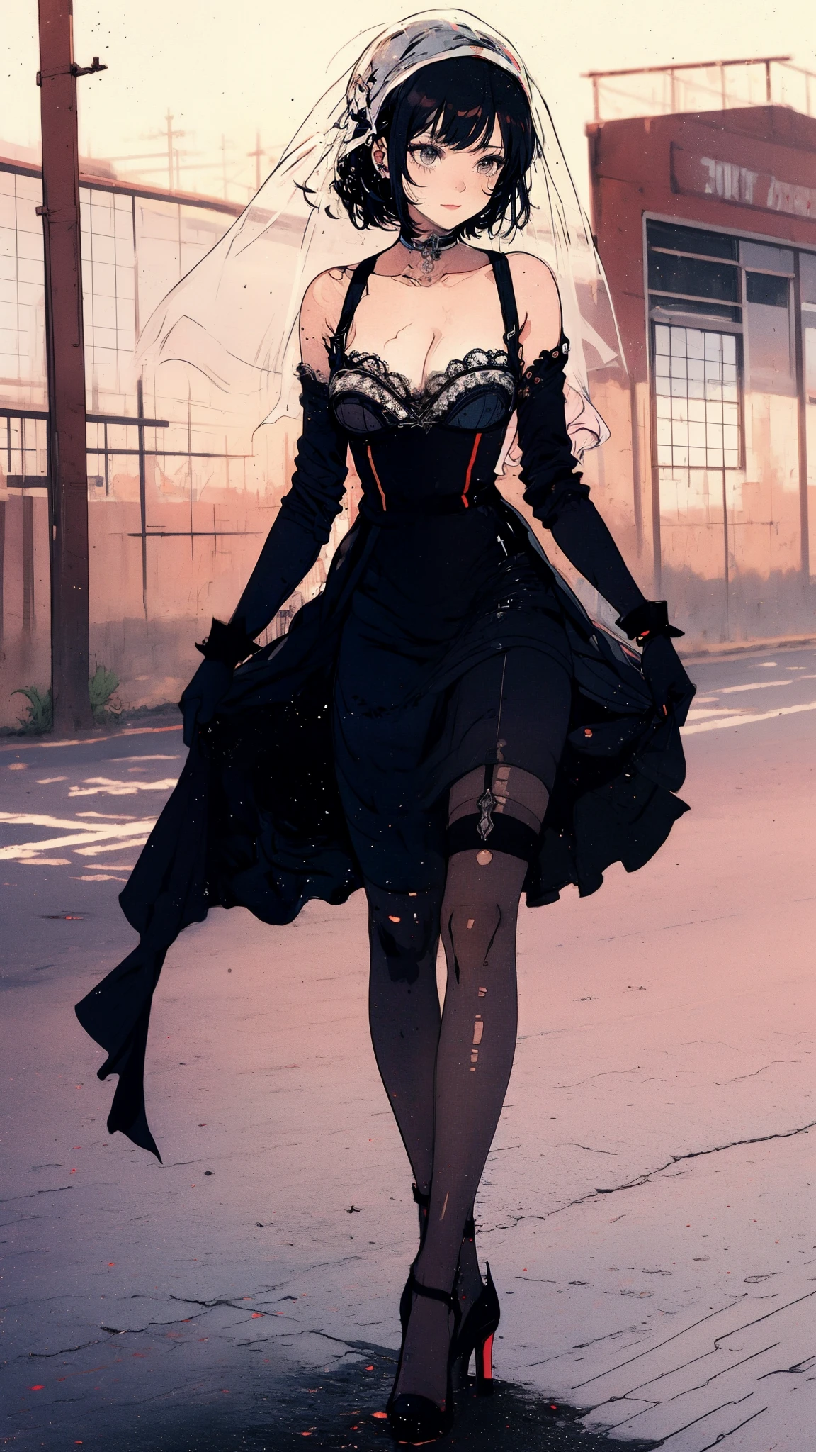 ((Best quality)),ultra detailed, Young woman, Succubus, stockings with suspenders, playful look, long sleeves, bare shoulders, hat with veil, heels with white line, vintage, went out for a walk and leaned over for a color, sniffs it, background sunset 