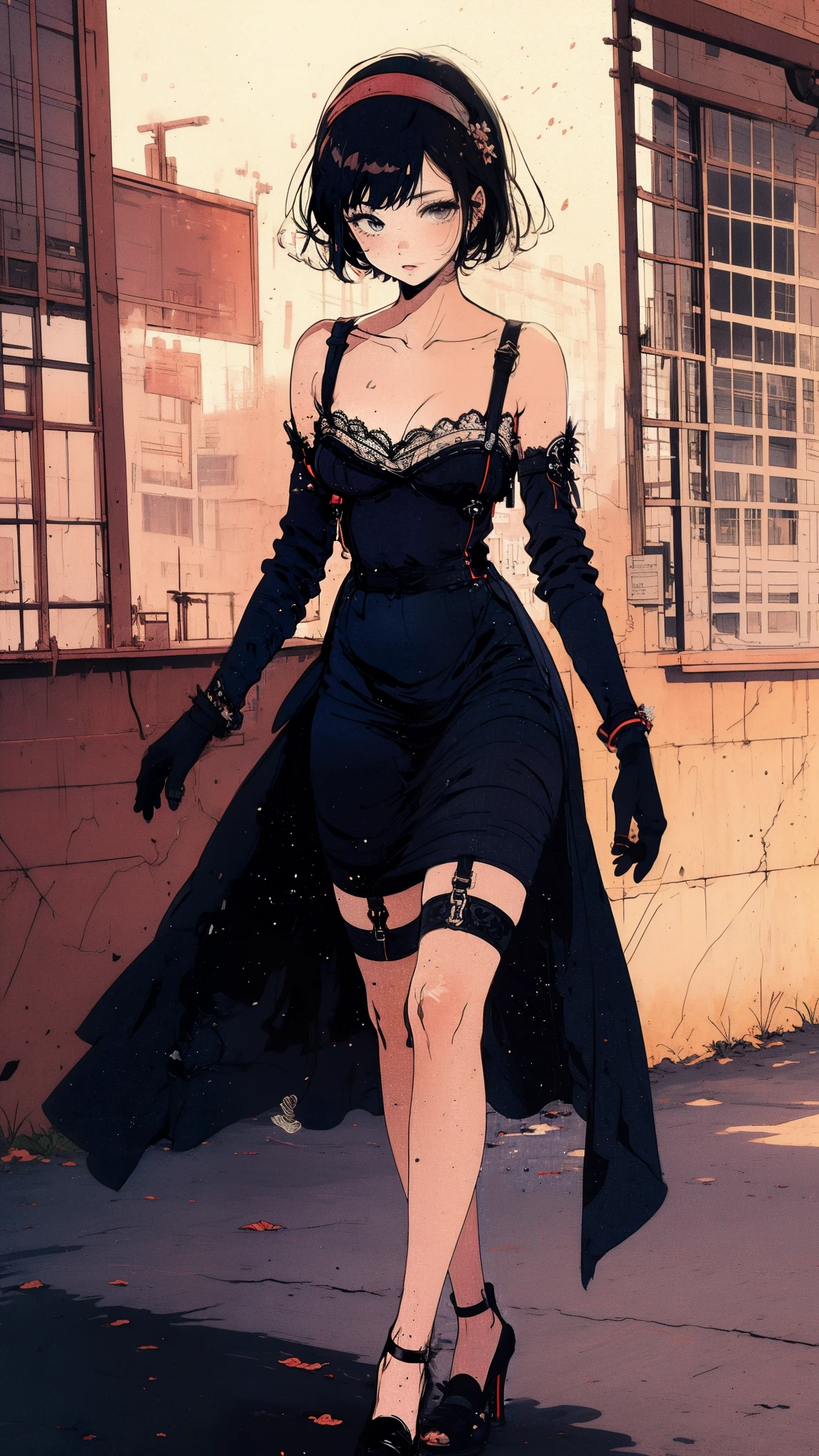 ((Best quality)),ultra detailed, Young woman, Succubus, stockings with suspenders, playful look, long sleeves, bare shoulders, hat with veil, heels with white line, vintage, went out for a walk and leaned over for a color, sniffs it, background sunset 