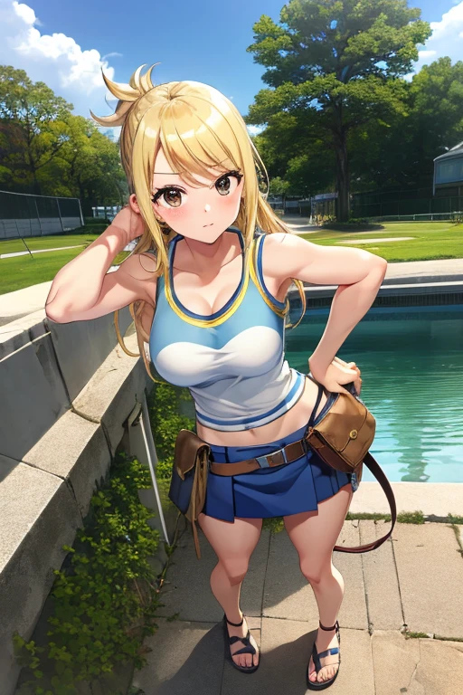 (masterpiece, best quality:1.2), solo, 1girl, lucy heartfilia, blushing, looking at viewer, arms behind back, blue sleeveless shirt, miniskirt, belt pouch, Sandals, ((standing 1.3))