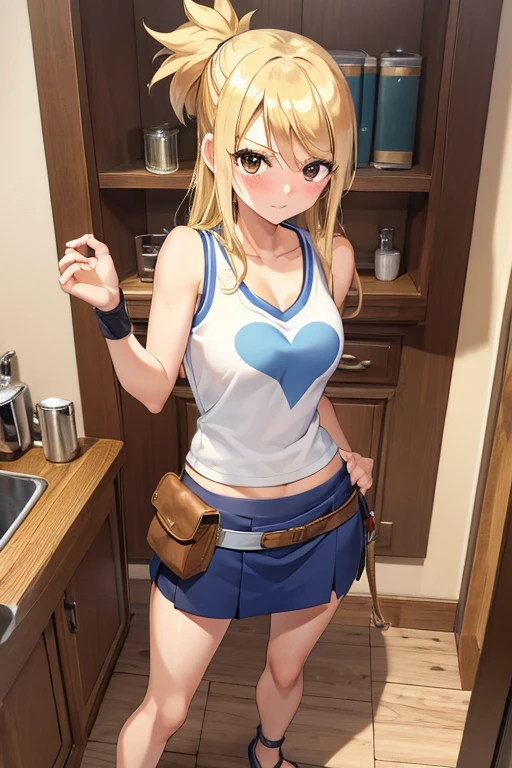 (masterpiece, best quality:1.2), solo, 1girl, lucy heartfilia, blushing, looking at viewer, arms behind back, blue sleeveless shirt, miniskirt, belt pouch, Sandals, ((standing 1.3))