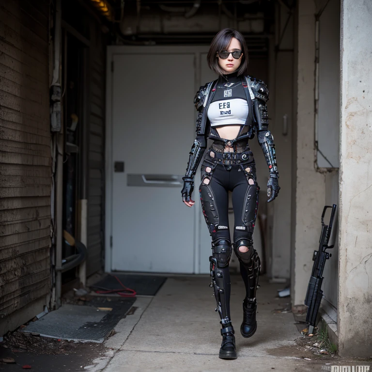 Biomechanical girl stalker, post apocalypse, cinematic, full height, realism, High, permission, detailing,rifle, sunglasses