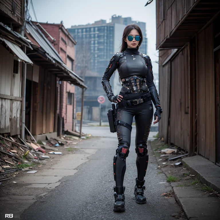 Biomechanical girl stalker, post apocalypse, cinematic, full height, realism, High, permission, detailing,rifle, sunglasses