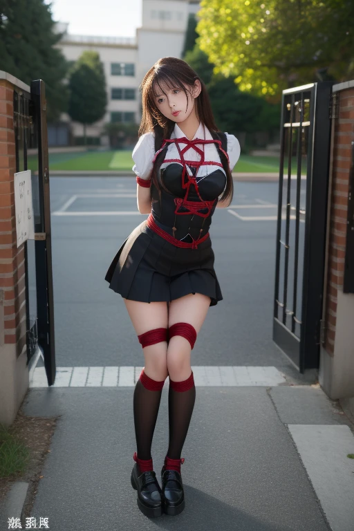 1girl, school, , gate, fence, masterpiece, best quality, highly detailed, arms behind back, shibari, bondage, rope. sschool uniform. full body