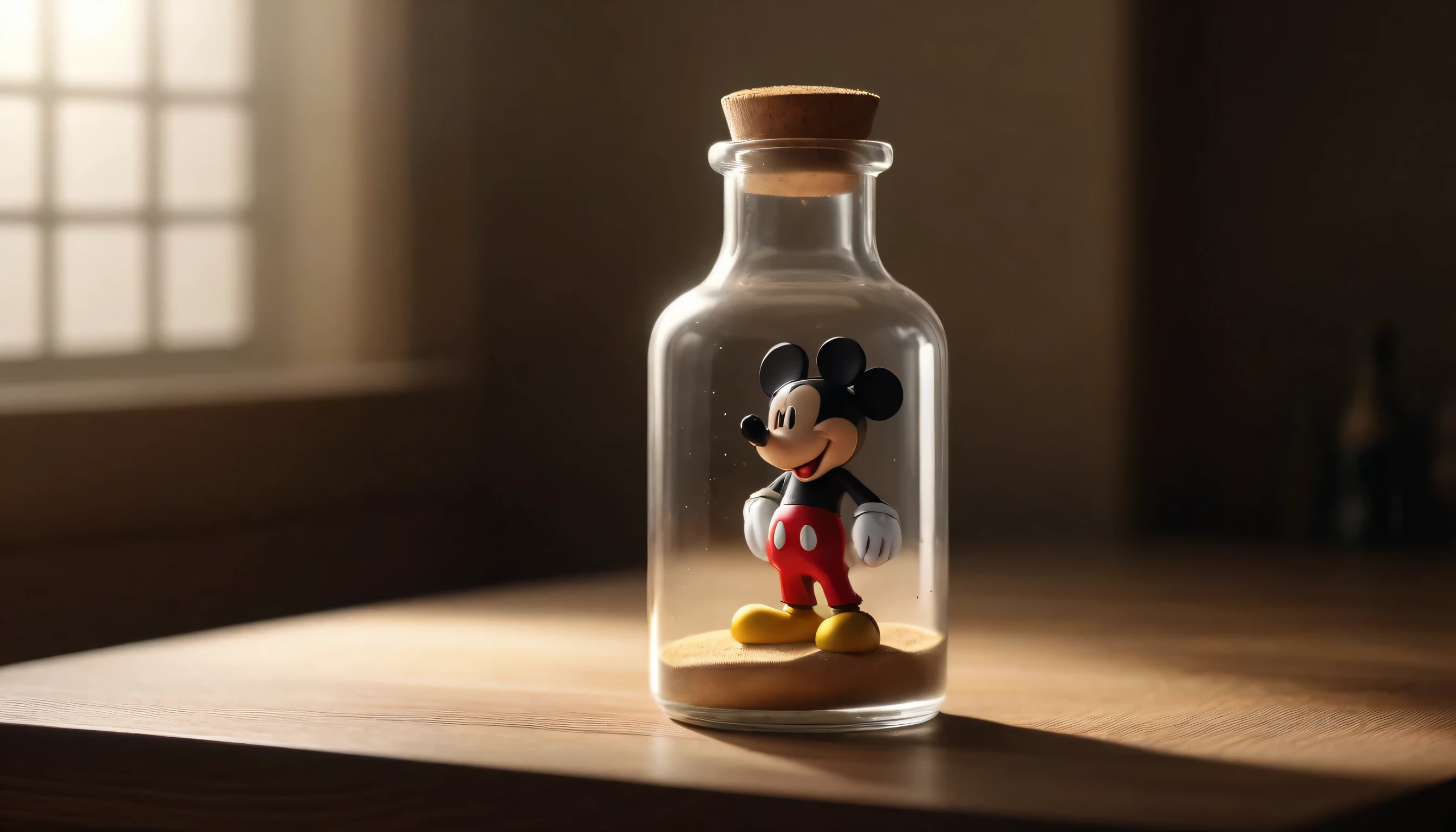 best detail of A realistic miniature. Create an image of Mickey Mouse is create magic by wizard inside vintage hour glass.and him is seated comfortably engrossed in him dragonand the A sand glass is closed with crock and placed on its side on a wooden surface. There’s soft lighting illuminating the scene, creating reflections on the glass of the bottle and casting gentle shadows. against blurred Clock Time in bottle background, 3D photo realistic, 64K UHD with Lux Core Render