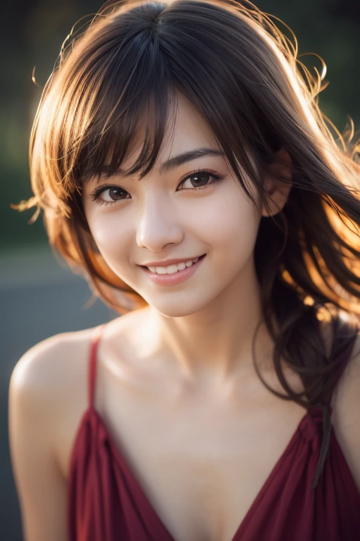 ((masterpiece)), (photographrealistic:1.2) masterpiece, 最high quality, high quality, Absurd, Shiny skin, colorful, Great art, 最high quality, Super detailed, Beautiful details, Reflective Hair, Good lighting, Ray Tracing, Depth of written boundary, Very detailedな, figure, wonderful, The finer details, Very detailed, ((Very detailedな)), (Beautiful details girl), Beautiful details glow, Intricate details, High resolution, Very delicate and beautiful, Beautiful details eyes, High resolution, Round eyes, Detailed facial features, (Round pupils:1.4) (figure), (Beautiful details eyes), ((Very detailedな顔)), Depth of written boundary, (Attractive face), (evil smile:1.3), Lips parted, (big breasts), (View your viewers:1.1), close, Wide Shot, Landscape, photograph \(Moderate\), Pause , Moody lighting, Sistine Fibeldev, whole body, Are standing, foot, smile, blush, Outdoor, Day, Simple Background,
