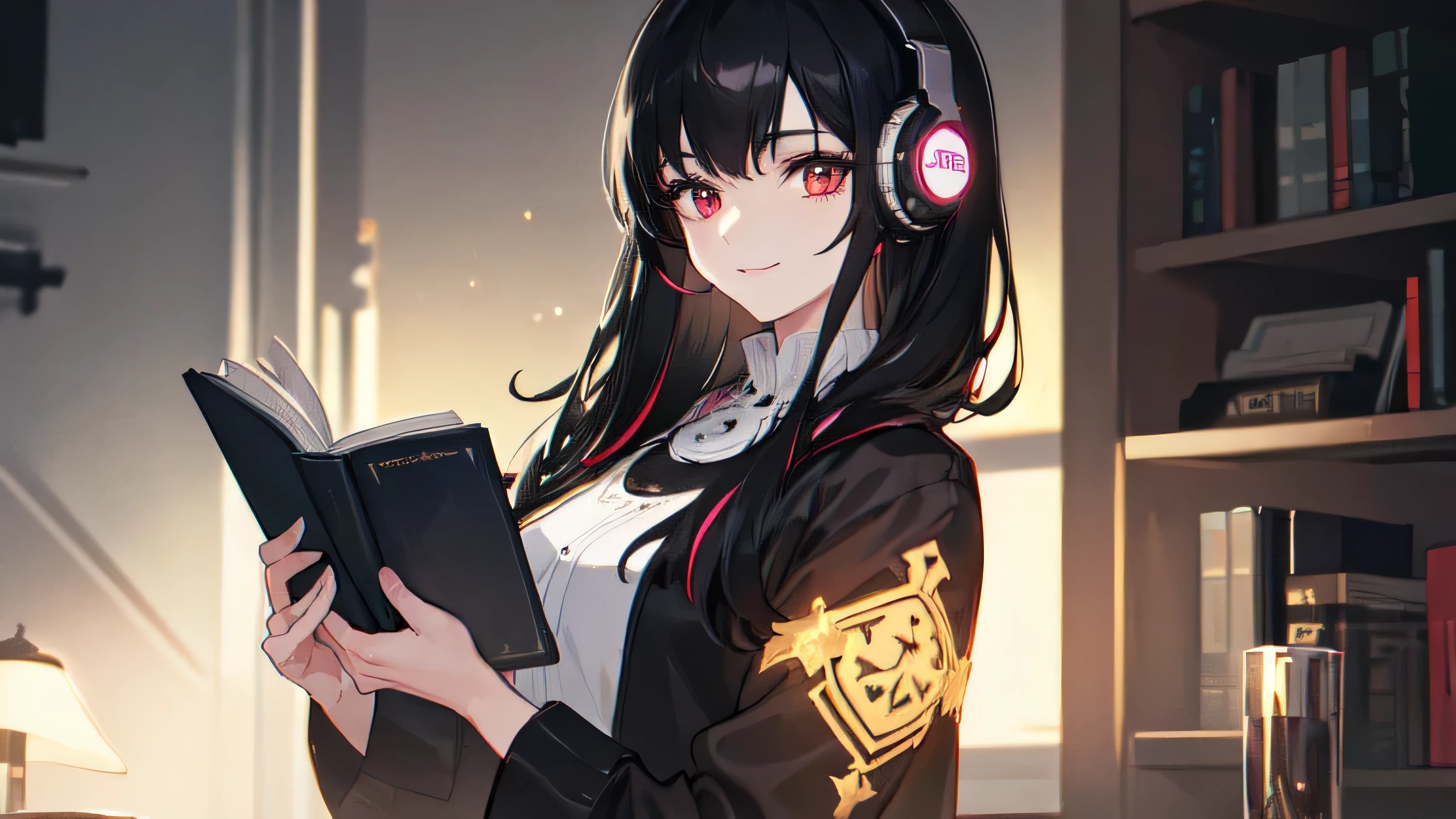 A black-haired woman reading a book in a room、Wearing headphones、everyday、night、 Multicolored eyes, Fine grain, Super detailed,A light smile, Very detailed, beautiful, The finer details, Super detailed, highest quality, Complex, 4K, 8k, Trending on ArtStation, Excellent anatomy, beautiful lighting, Awards,