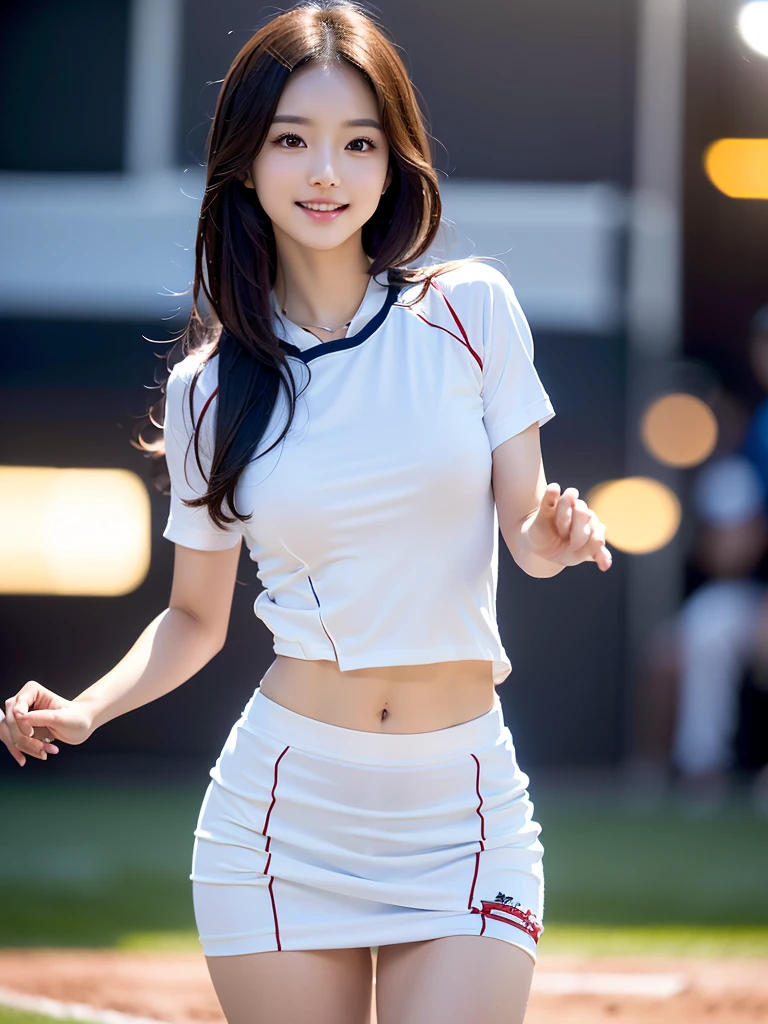 best quality, Practical, Wallpaper CG Unity 8 with excellent details,000, Depth of Field, Movie Lighting, lens flare, Ray Tracing, (An exceptionally beautiful face, Beautiful lips, beautiful eyes), Faced with intricate details, ((Skin is very clear and natural)), ((1 Asian female)), ((primary)), ((Little Smile:1.3), (Blurred background), (bright lights), (There is no one in the background.......:1.3), ((Clear eyes)), ((frontal pose)), ((Pale skin)), ((look at me)), ((full-body shot)), (Light brown hair), ((Thin waist)),((Natural arm movements)), ((Fine fingers)),((precise fingers)), ((White short top)), ((Very short and tight white jacket)), ((White skirt))、((Small butt))、((Long limbs))、((Full body depiction))、((Standing))、((Full body depiction))、((Thin thighs))、((Forward walking posture)), ((Stand on the baseball field))