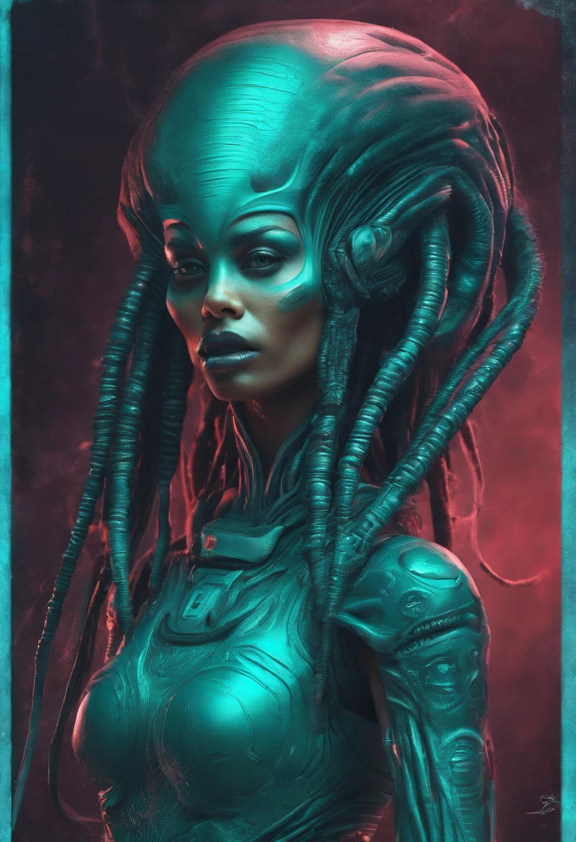 Frau, 28 Jahre, Hair is similar to dreadlocks, Skin color turquoise, Raumanzug, Alienplanet, Bioluminiszenz