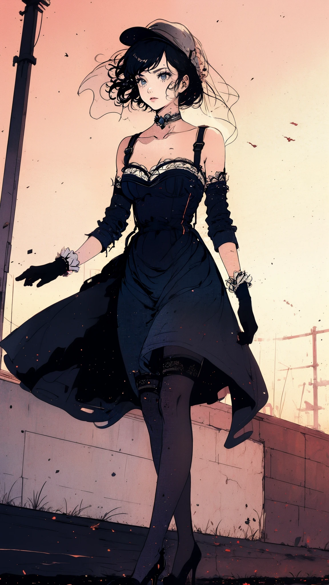 ((Best quality)),ultra detailed, Young woman, aristocratic, stockings with suspenders, playful look, long sleeves, bare shoulders, hat with veil, heels with white line, vintage, went out for a walk and leaned over for a color, sniffs it, background sunset 