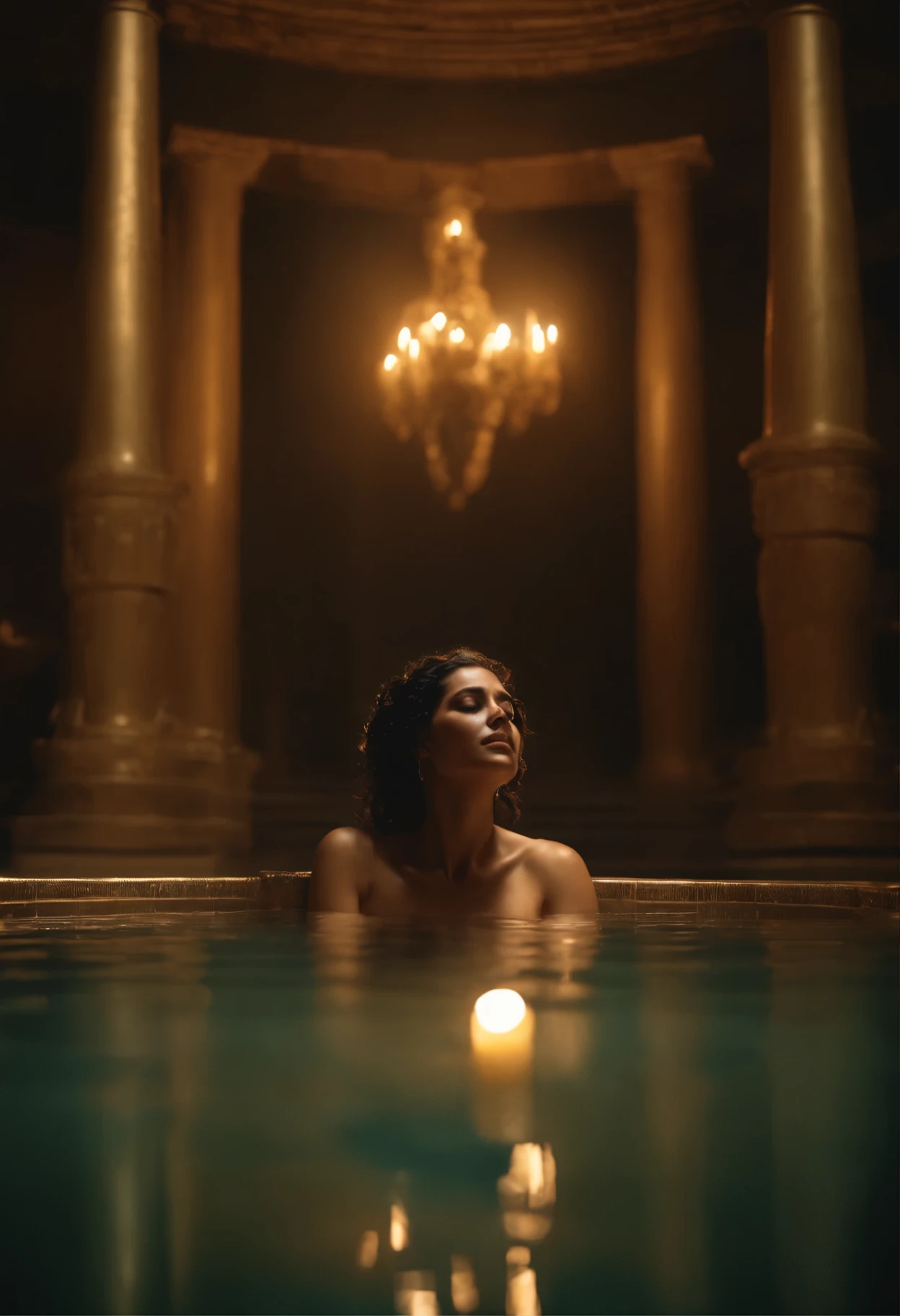 A high quality, realistic depiction of naked Cleopatra, Queen of the Nile, bathing in her golden huge pool, her body covered in donkey milky fluid, the pool is filled with donkey milk , dripping down her naked breasts ,surrounded by warm candlelight