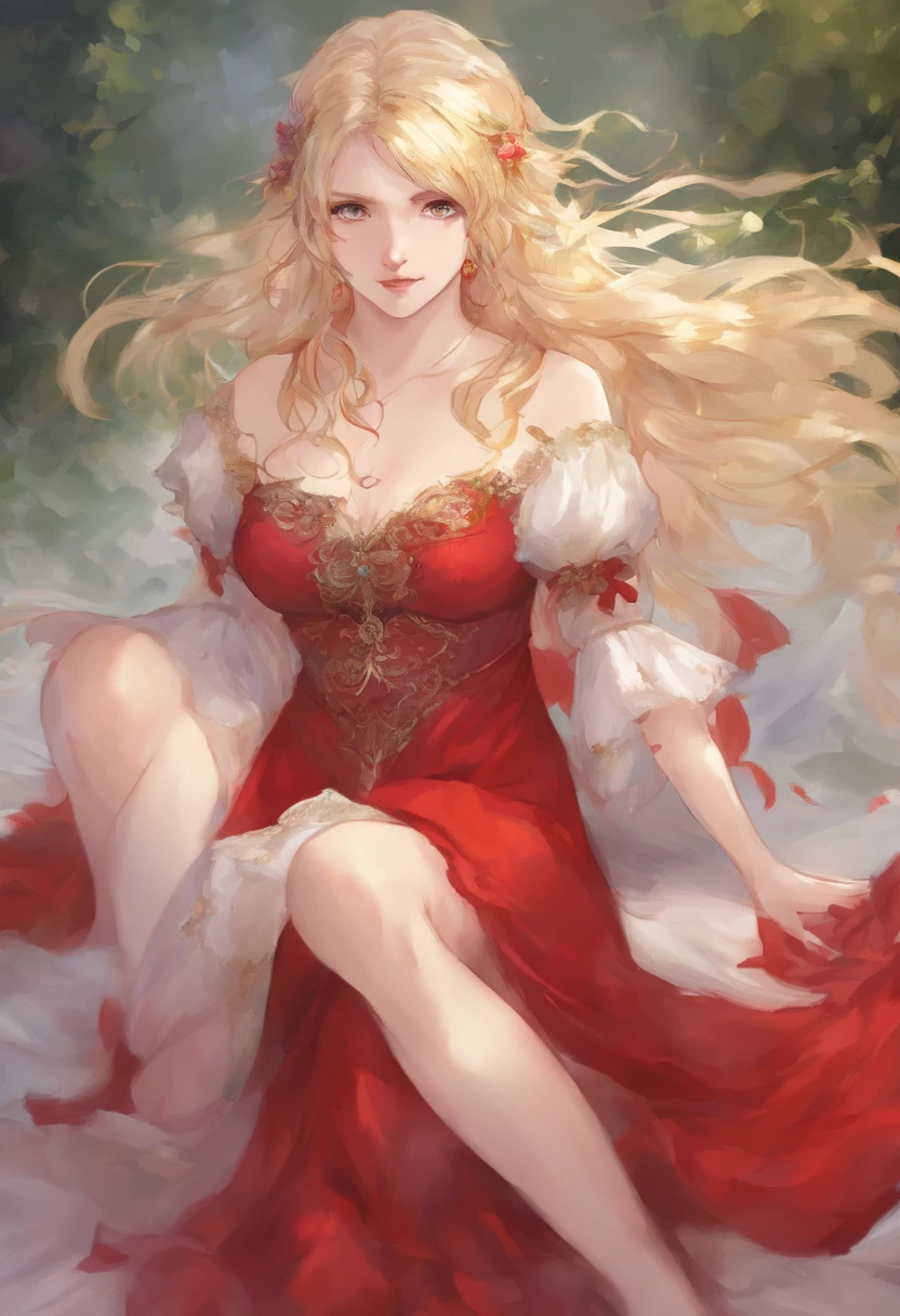 Sexy very very pale woman with red eyes blond hair and tiny red dress