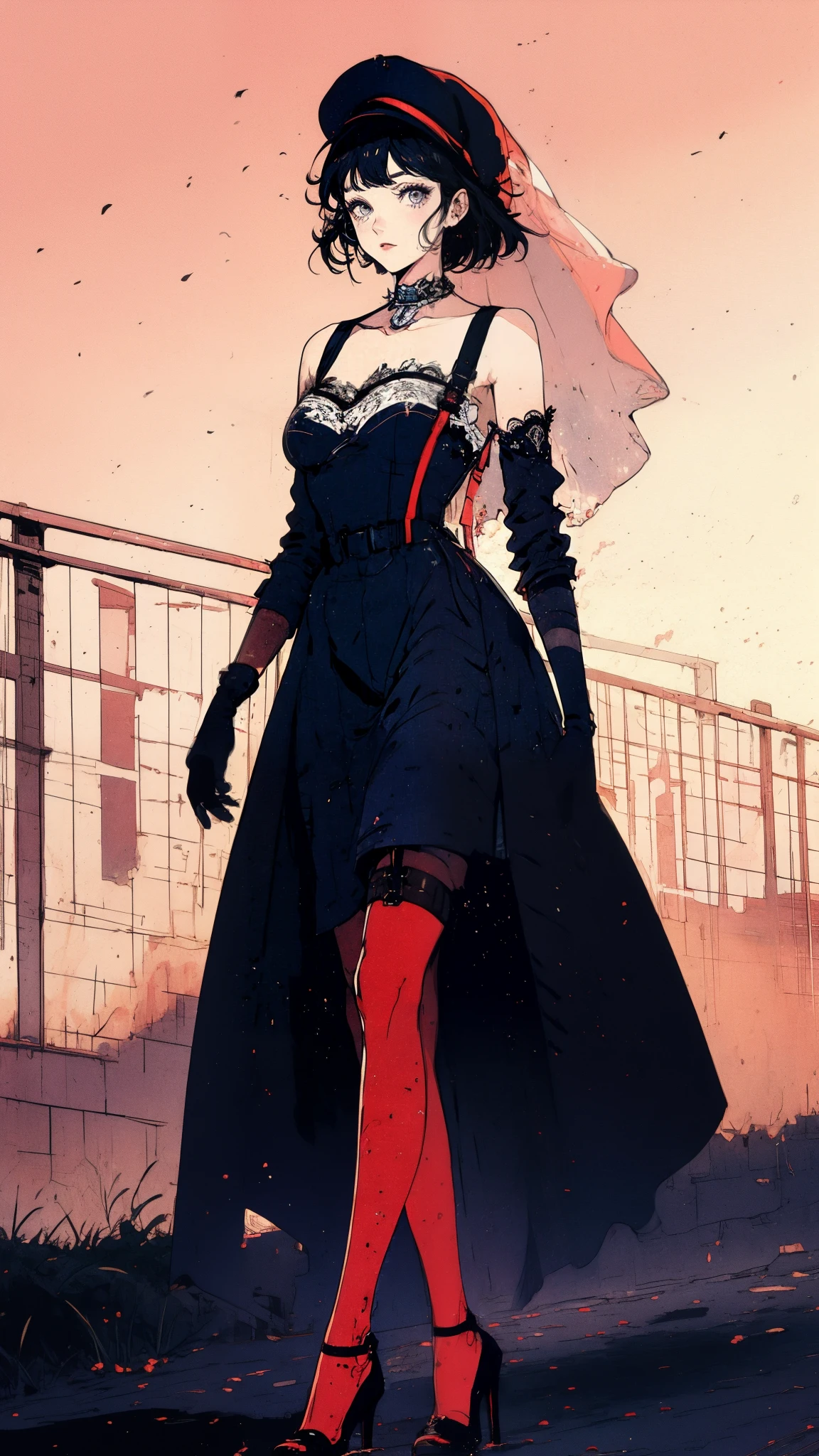 ((Best quality)),ultra detailed, Young woman, aristocratic, stockings with suspenders, playful look, long sleeves, bare shoulders, hat with veil, heels with white line, vintage, went out for a walk and leaned over for a color, sniffs it, background sunset 