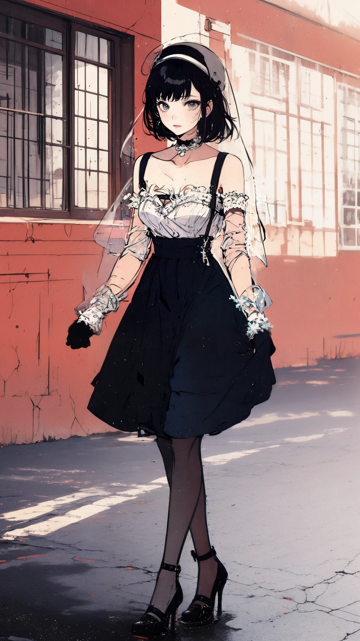 ((Best quality)),ultra detailed, Young woman, aristocratic, stockings with suspenders, playful look, long sleeves, bare shoulders, hat with veil, heels with white line, vintage, went out for a walk and leaned over for a color, sniffs it, background sunset 