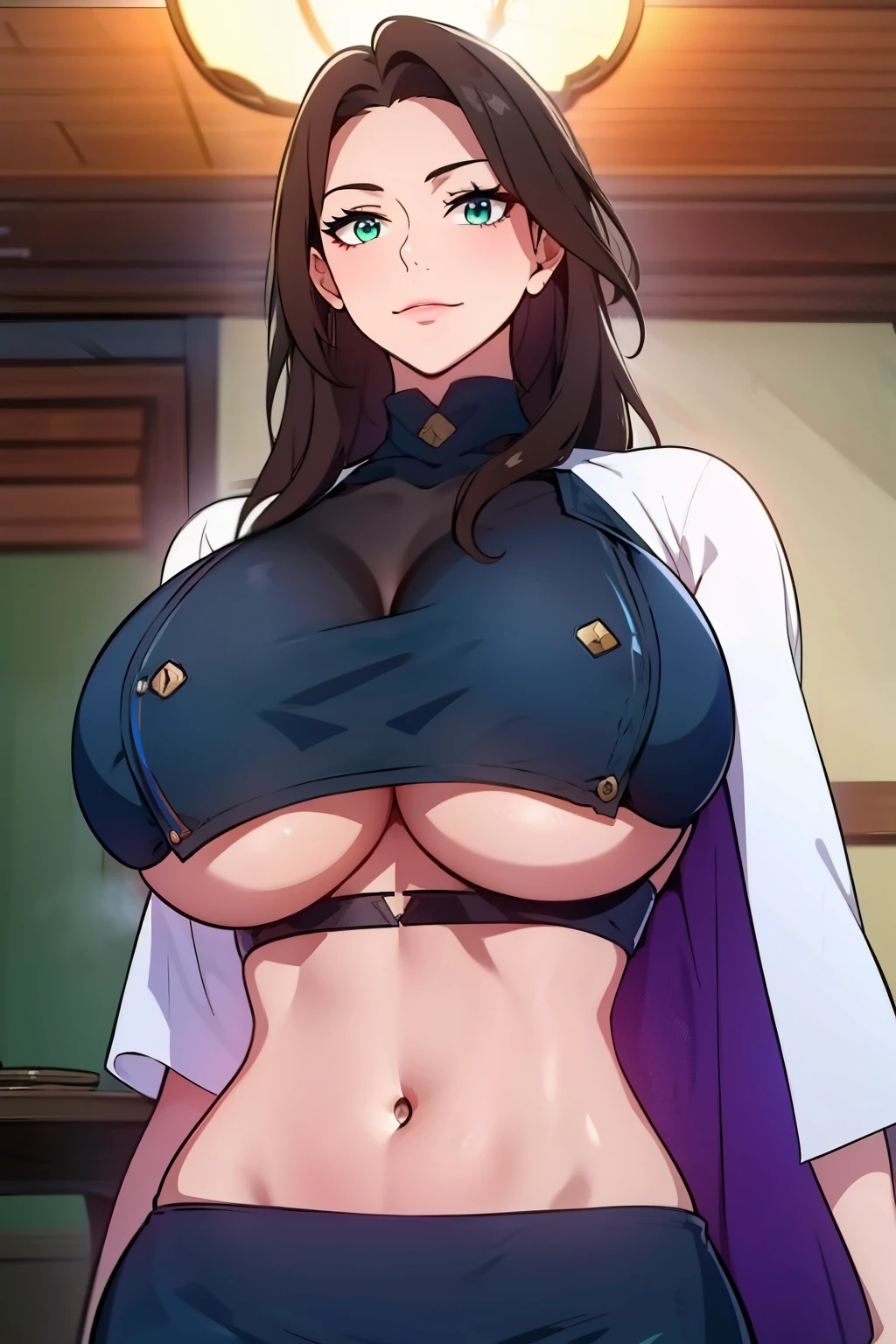 An anime-style artwork depicting ruan mei from the game Honkai star rail.

Tags: ruan mei, anime, detailed eyes, detailed lips, crop top, turtleneck, miniskirt, smiling expression, intense gaze, dynamic pose, indoor, palace, vibrant colors, digital art, high-resolution, professional quality, gigantic breasts, (underboob : 1.4),  curvy, cowboy shot, (gigantic breasts: 1.4), (green eyes:1.1), (light brown hair)