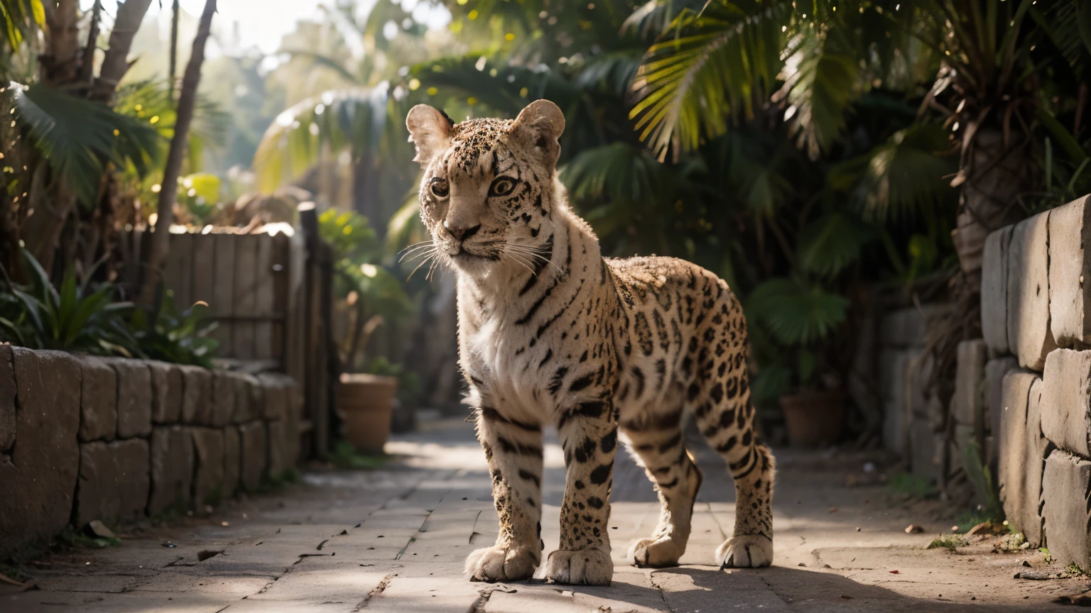 Create a hyper-realistic image of a leopard that looks normal from the front, but breaks up into small cubes. In the background is the jungle of bokeh in the sunlight.