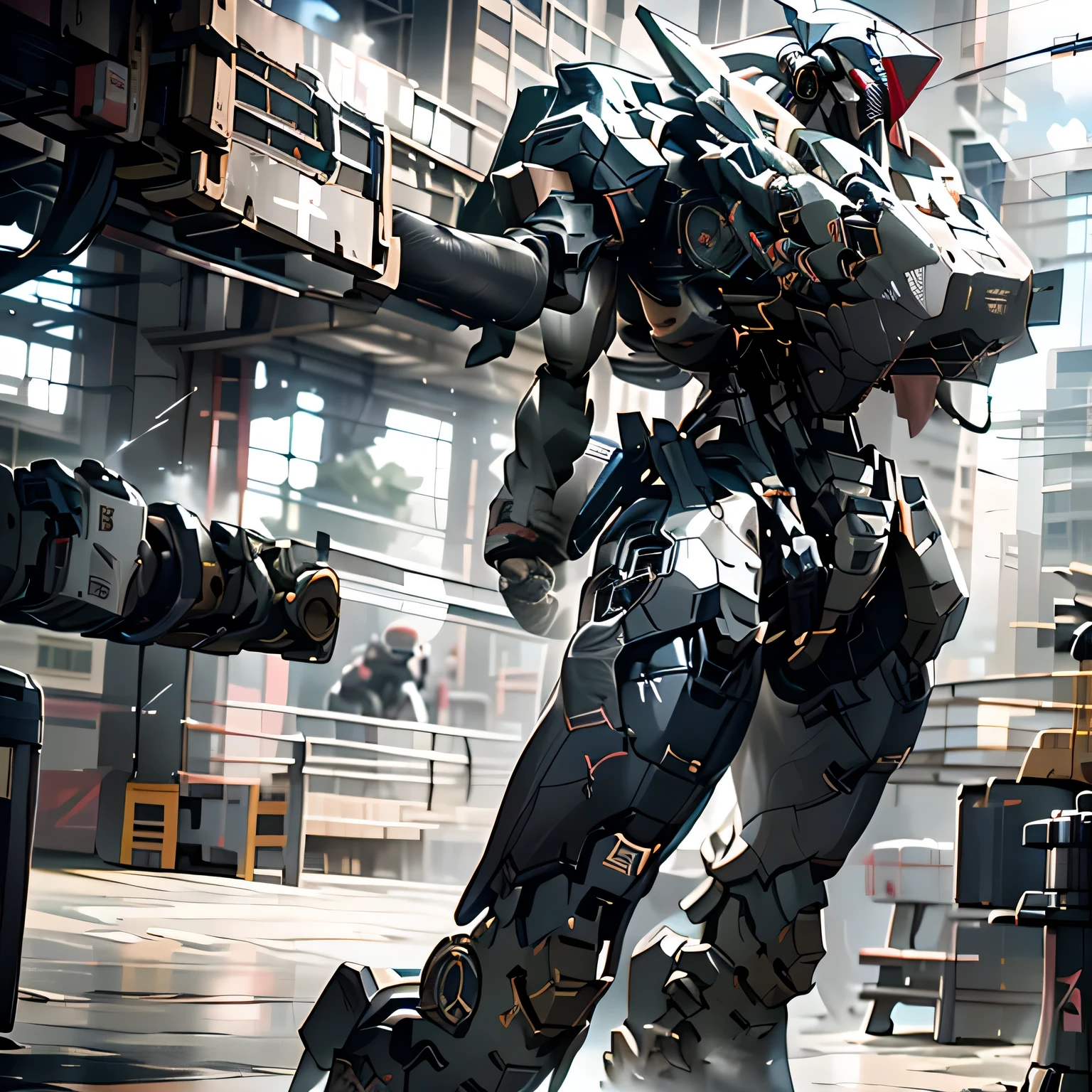 grey, Black Line, ((Humanoid robot)),Ruined buildings, null, Holding_arms, (((no_human))), Shine, ((Shine_Ruri-iro)), robot, building, ((Shine Red_eye)), Mecha, science_fiction, city, Realistic,Mecha, (((thick_body))), Large robot, 15 m, thick belly, Weight two feet, Heavyweight