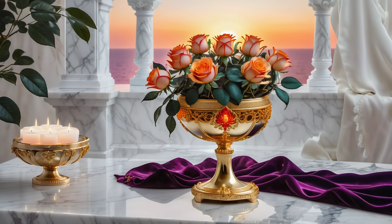 (masterpiece, best quality:1.2) minature sun on a pedestal. oranges on a white marble table, deep purple velvet drapes, 8k, photography style,2 glasses with orange bioluminescent fluid in them, on a white marble table, bioluminescent, colorfull, glow, fluid, glowing, Appetizing, professional, culinary, high-resolution, commercial, highly detailed,neon hue, full of color, 1 white rose between glasses, sunlite background, radiant sunlight, 8k , 12 white roses, no red roses, sun on a pedestal. in keywest at sunset, on a beach, there are 12 only white roses, oranges on a white marble table,gold coins on the table, mist in background, 8k, photography style,a clear glass jewel studded vase with orange bioluminescent fluid in them, on a white marble table, jewels of red rubies and emeralds on the table, deep purple velvet drapes, bioluminescent, colorfull, glow, fluid, glowing, Appetizing, professional, culinary, high-resolution, commercial, highly detailed,neon hue, full of color, there are 12 white roses in a marble and gold vase, sun lite background, radiant sunlight, 8k, um close up de um anel com uma grande pedra rosa cercada por diamantes, fotografia de joias, joias detalhadas, joias vermelhas, joias intrincadas, joias ornamentadas, joias detalhadas, joias ornamentadas, detalhes finos requintados, joias de ouro, joias ornamentadas e intrincadas, design de joias, agarrando filigrana intrincada, filigrana dourada e vermelha, Gemas ornamentadas, Rubis, filigrana de joias de ouro