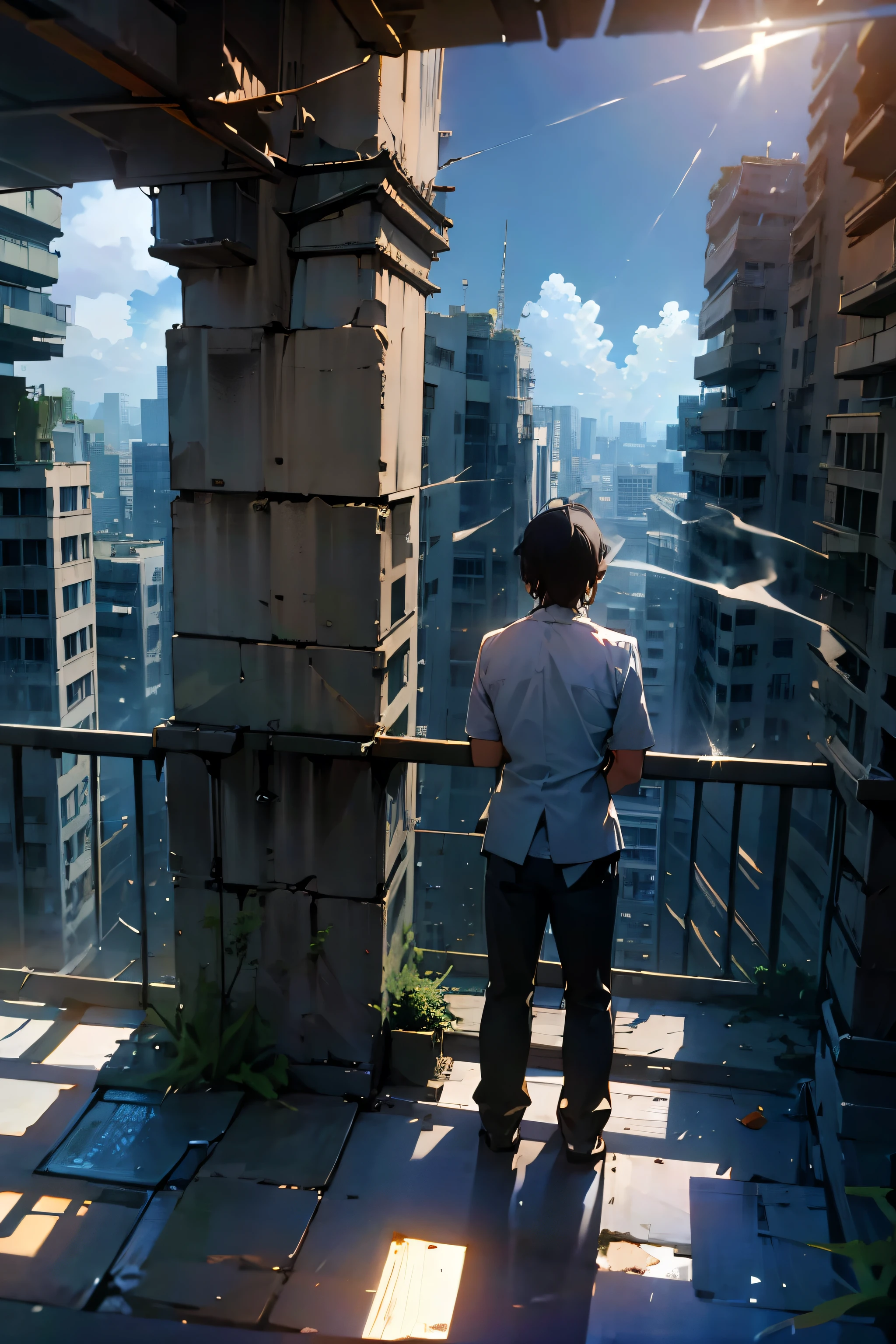 with wide angle lens, with horizontal screen,The room was bare, with no furniture or luggage, and the balcony had a balcony with silhouettes of buildings in the Shinjuku subcenter in the distance, and the afternoon sun was shining in through the windows. Two young men are smoking cigarettes and one is hugging the other from behind , humor,comic style,bold lines,