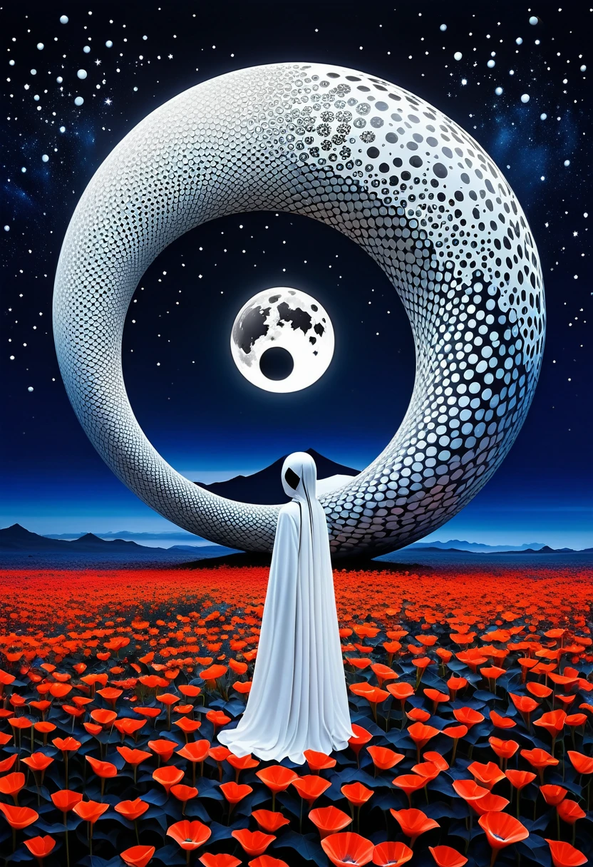 A mesmerizing digital painting captures the essence of two otherworldly creatures, with porcelain skin and strong spots, which form a striking contrast. They symbolize the good in white and the evil in black. in yin yang style The creature is in a modern, stilvolles Gewand gekleidet, das Eleganz ausstrahlt, while standing gracefully amidst a radiant field of bright red moonflowers. The harmony of the twilight and midnight blue tones in the background creates a dreamy, surreal atmosphere. Drahtstrukturen und Disco-Core-Modeelemente rufen eine postapokalyptische, futuristic atmosphere, while the creature’s hyper-realistic details draw the viewer into its captivating, mystical world.