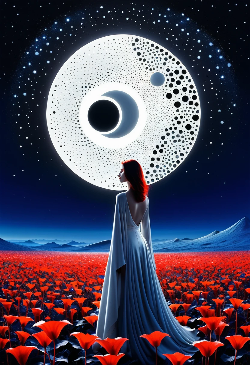 A mesmerizing digital painting captures the essence of two otherworldly creatures, with porcelain skin and strong spots, which form a striking contrast. They symbolize the good in white and the evil in black. in yin yang style The creature is in a modern, stilvolles Gewand gekleidet, das Eleganz ausstrahlt, while standing gracefully amidst a radiant field of bright red moonflowers. The harmony of the twilight and midnight blue tones in the background creates a dreamy, surreal atmosphere. Drahtstrukturen und Disco-Core-Modeelemente rufen eine postapokalyptische, futuristic atmosphere, while the creature’s hyper-realistic details draw the viewer into its captivating, mystical world.