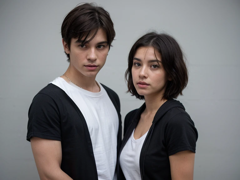 short layered black haired girl with a fringe wearing a plain black hoodie and a brunette male wearing plain white tee shirt