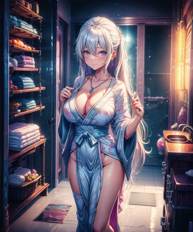standing inside bathroom, aroused, necklace, earrings, full body, long white hair, white kimono, superb, ultra-high-definition, RAW photo, realism: 1.25), (bright lip gloss, long eyelashes, smooth face , bright skin, natural shadows, wide light, wide light, depth of field, strong colors, subtle caustics: 0.8), smile, (big tits), v6
