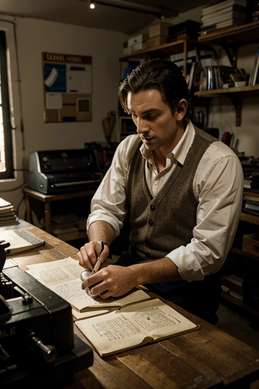 [Un hombre mayor, Tolkien, entra en su estudio, a garage full of books and a typewriter. El aroma a tabaco de pipa llena el aire.]