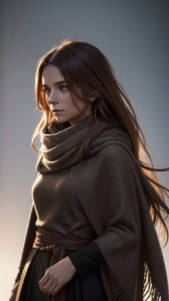 photo portrait of a Canadian woman with rusty hair, demonstrating a statement, a voluminous wool scarf over a sleek straight dress., portrait of the character Mateja Sternen, pixel competition winner, tonalism, backlit portrait, portrait soft light, Dramatic light on the face