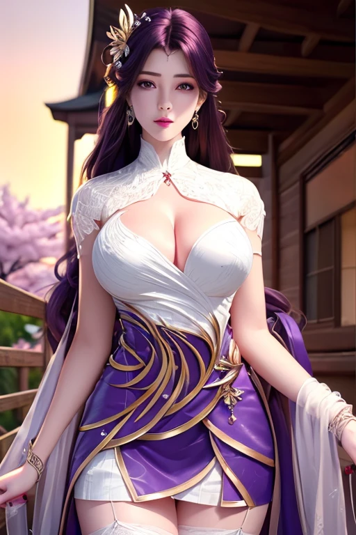 (,1girl, pov,best quality, ) , (((,1girl, solo, large breasts, looking at viewer, cherry blossoms,   , purple_hair, purple_eyes, long_hair, breasts, solo, cloud, jewelry,tight black mini dress,stockings, sunset, sky ))) ultra realistic 8k cg, flawless, clean, masterpiece, professional artwork, famous artwork, cinematic lighting, cinematic bloom, perfect face, beautiful face, fantasy, dreamlike, unreal, science fiction, lace, lace trim, lace-trimmed legwear, luxury, jewelry, diamond, gold, pearl, gem, sapphire, ruby, emerald, intricate detail, delicate pattern, charming, alluring, seductive, erotic, enchanting, hair ornament, necklace, earrings, bracelet, armlet,halo,autumn,