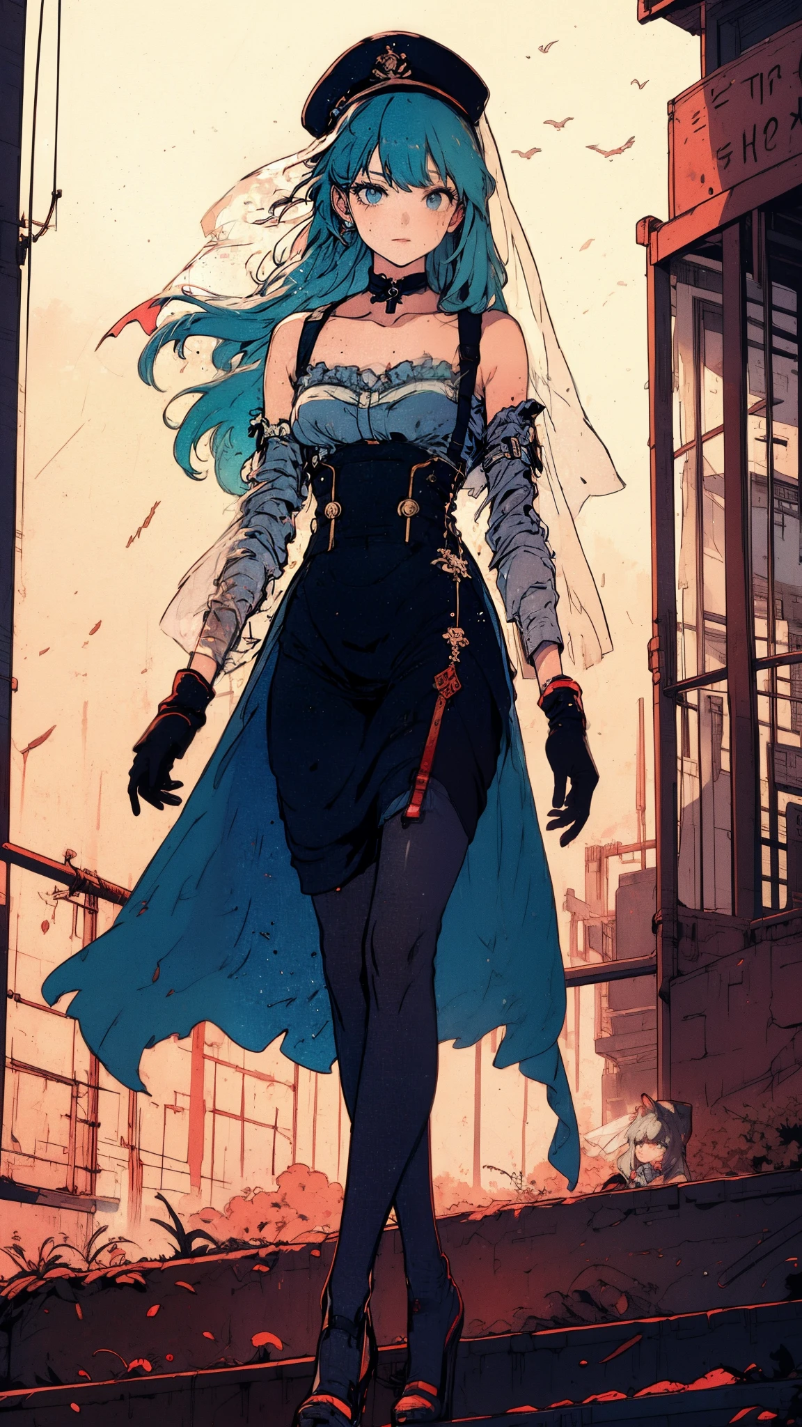 ((Best quality)),ultra detailed, Young woman, aristocratic hatsune miko stockings with suspenders, playful look, long sleeves, bare shoulders, hat with veil, heels with white line, vintage, went out for a walk and leaned over for a color, sniffs it, background sunset 