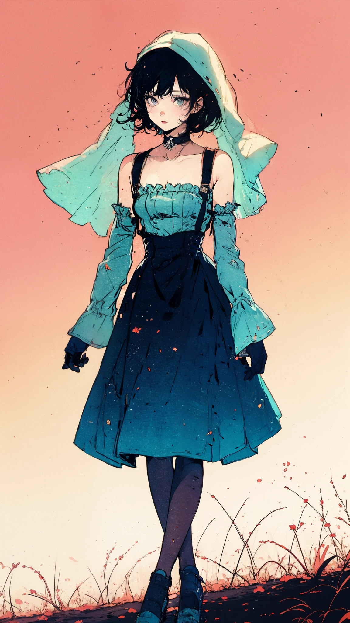 ((Best quality)),ultra detailed, Young woman, aristocratic hatsune miko stockings with suspenders, playful look, long sleeves, bare shoulders, hat with veil, heels with white line, vintage, went out for a walk and leaned over for a color, sniffs it, background sunset 