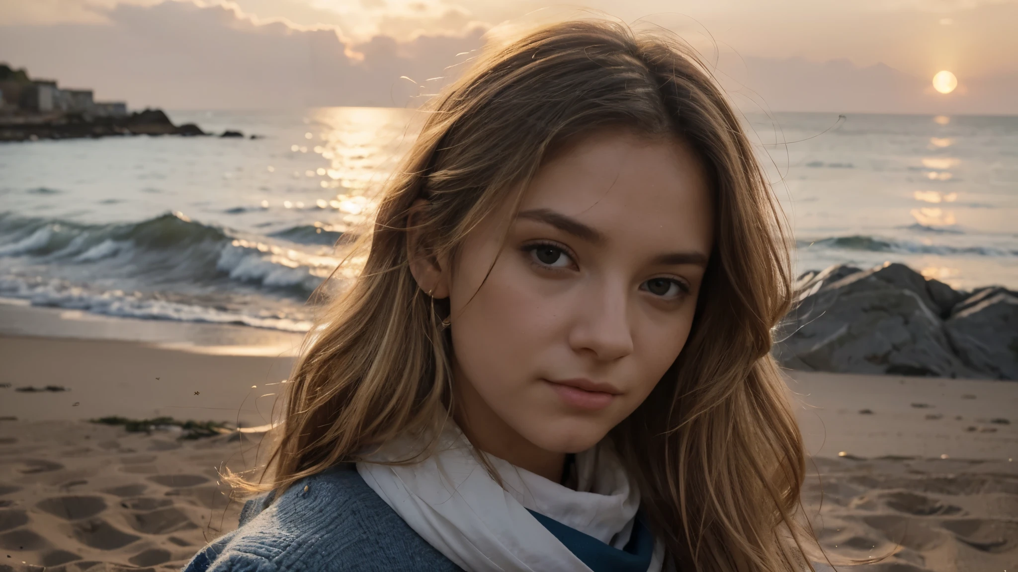 Imaginez le portrait d'une femme au visage serein, qui porte des lunettes fine de soleil, with long wavy blonde hair, reflecting the golden light of dusk at the edge of'une plage. Elle porte un casque audio sur les oreilles, symbole de son lien avec la musique. The scene takes place at the end of the day, with a subdued light that delicately envelops her face and hair, créant une atmosphère intime et inspirante. Le fond de l'image est estompé, mettant en avant la femme tout en suggérant un espace ouvert et paisible, perhaps evoking creative freedom or'escape that'offers his YouTube channel. L'image combine élégance, tranquility and modernity, capturer l'essence de la chaîne qu'it represents. The color palette is dominated by the soft hues of the sunset, avec des touches de bleu et d'or pour équilibrer chaleur et fraîcheur. Cette image de couverture est conçue pour attirer l'attention tout en invitant les spectateurs à découvrir le monde que la chaîne a à offrir.