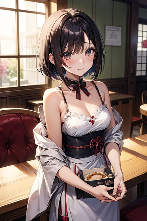 Realistic photos, Focus distance 10mm, Red and white, Beautiful girl, Realistic photos, Shooting at focus distance 10mm, masterpiece, 最high quality, high quality, Very detailed CG 8k wallpaper unit, Award-winning photography, Depth of written boundary, High resolution, bloom, chromatic aberration, Realistic, Very detailed, Art Station Trends, CGsociety Trends, Complex, High detail, dramatic, Art on the go, volumetric lighting, Soup A beautiful girl in an elegant dress is enjoying a hot soup. The background is the warm atmosphere of a high-end restaurant. The girl has short black hair and light brown eyes