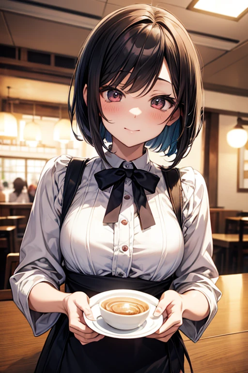 Enchanting anime girl, Naughty, Naughty anime style, Beautiful and attractive anime woman, Top rated on pixiv、beautiful girl、Japanese、Short Bob、Smaller breasts、Cafeの店員、Cafe