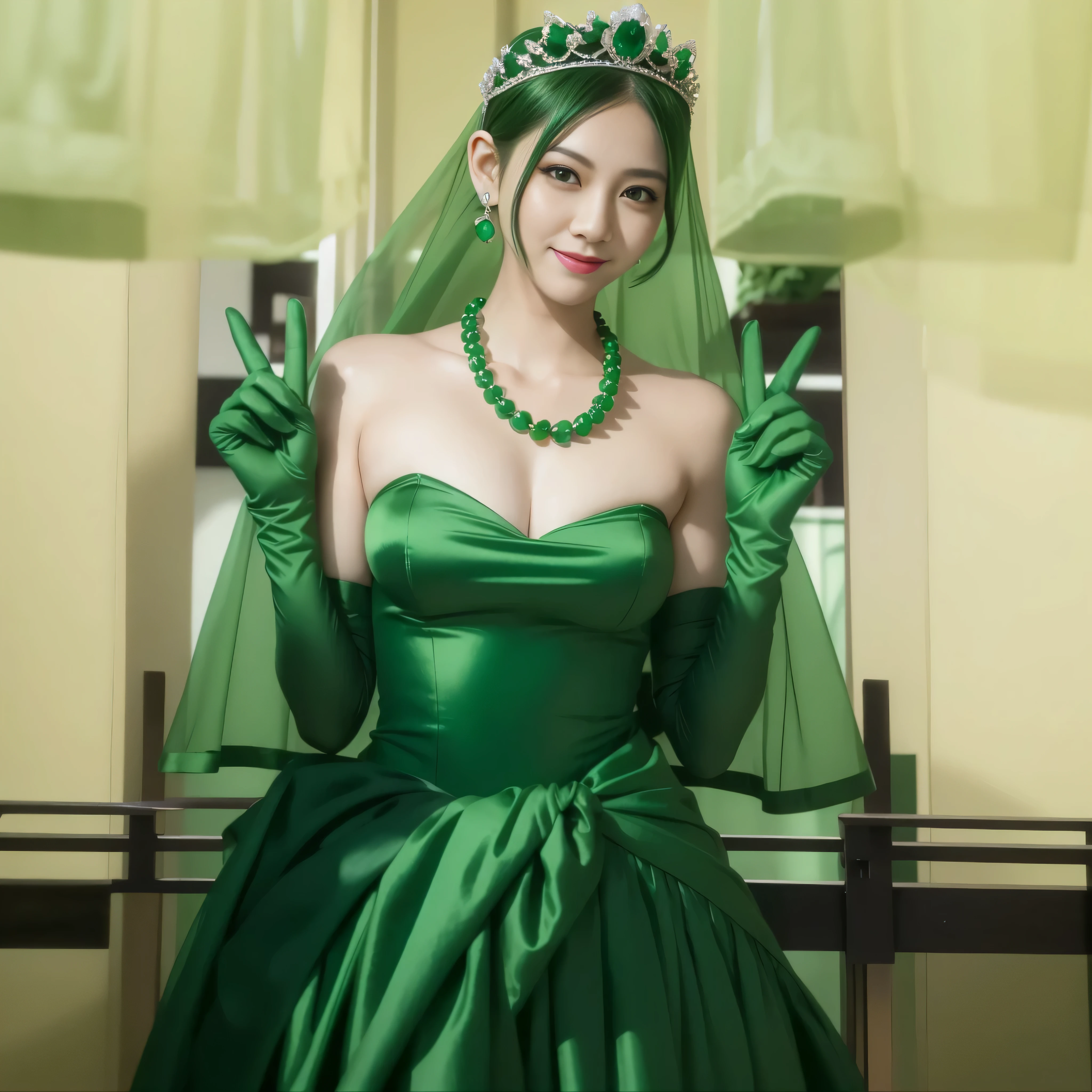 Emerald tiara, Green Pearl Necklace, Boyish very short green hair, lipstick, Smiling Japanese woman, Very short hair, big and beautiful, Green Eyes, Long green satin gloves, Green Eyes, v sign, emerald earrings, Green veil