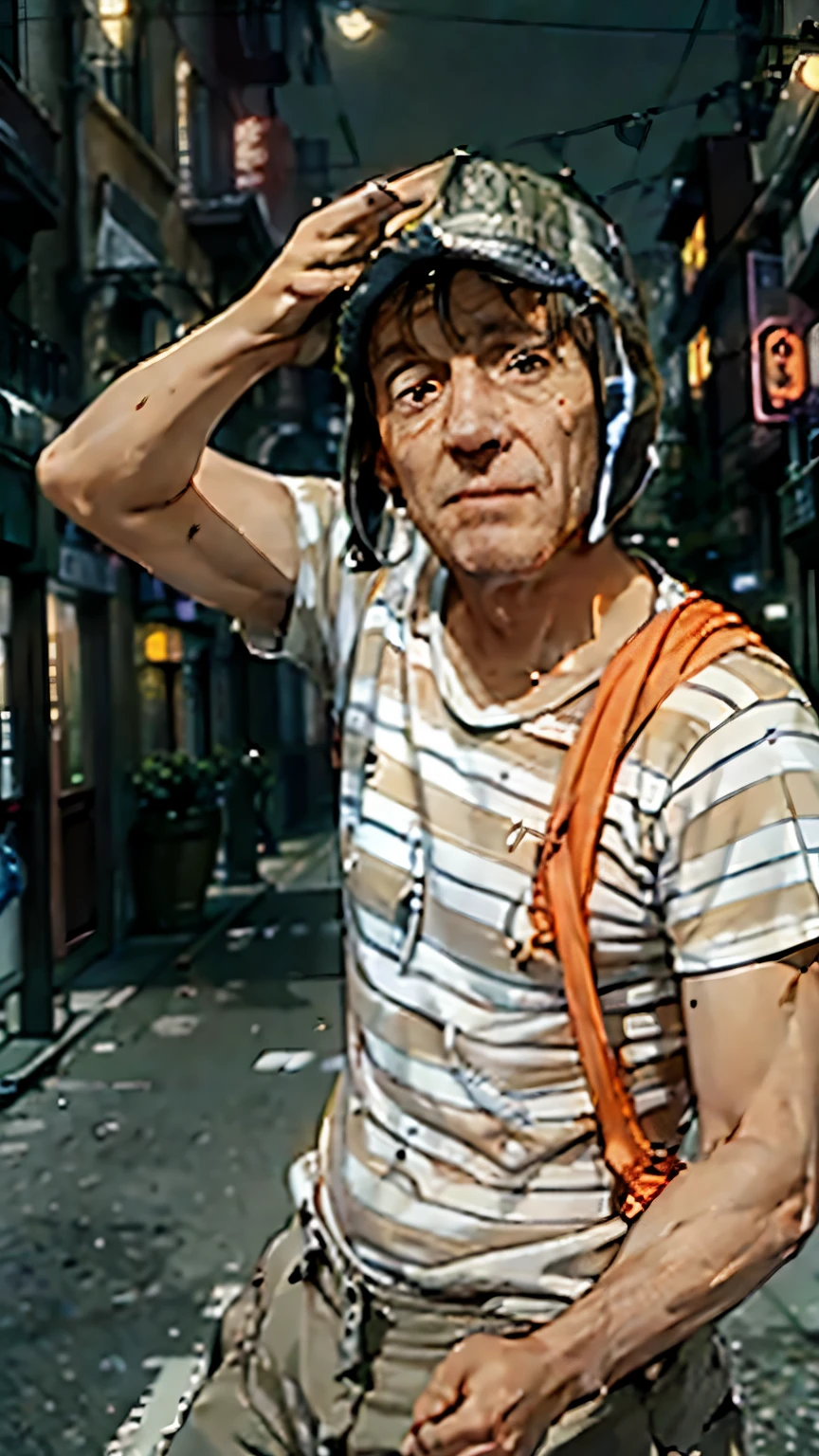 white man wearing stripped white light orange and grey t-shirt, happy, point at the viewer, in the city, at night, super realistic, intricated details, anime style, 8k