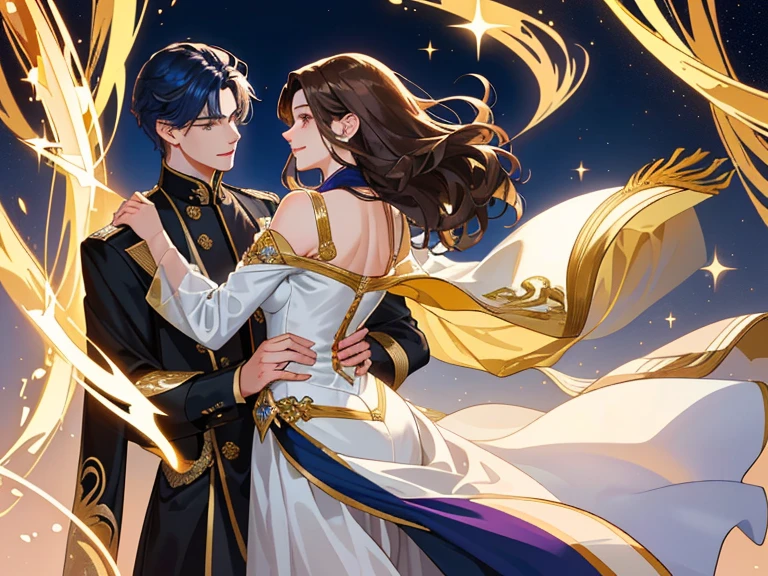 Book Cover: A young man of imposing stature graces the cover, his golden eyes captivating and his navy-blue hair reflecting passion and mystery. His presence is magnetic, adorned in elegant attire, and a captivating smile adds a special touch. By his side, a young woman of transcendental beauty with long, wavy golden-brown hair and deep violet eyes radiating natural luminosity. Her warm smile and graceful movements give her a presence that is simultaneously delicate and captivating. The image captures the elegance and intensity of an engaging romance. He had his arm around her waist, ensuring that his beloved wouldn't slip away.