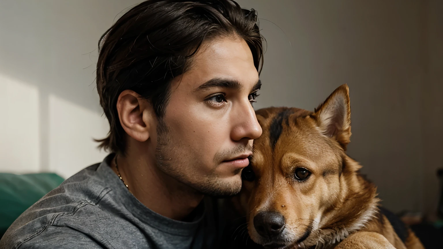 a person looking concerned on his dog , human , dog , realistic ,