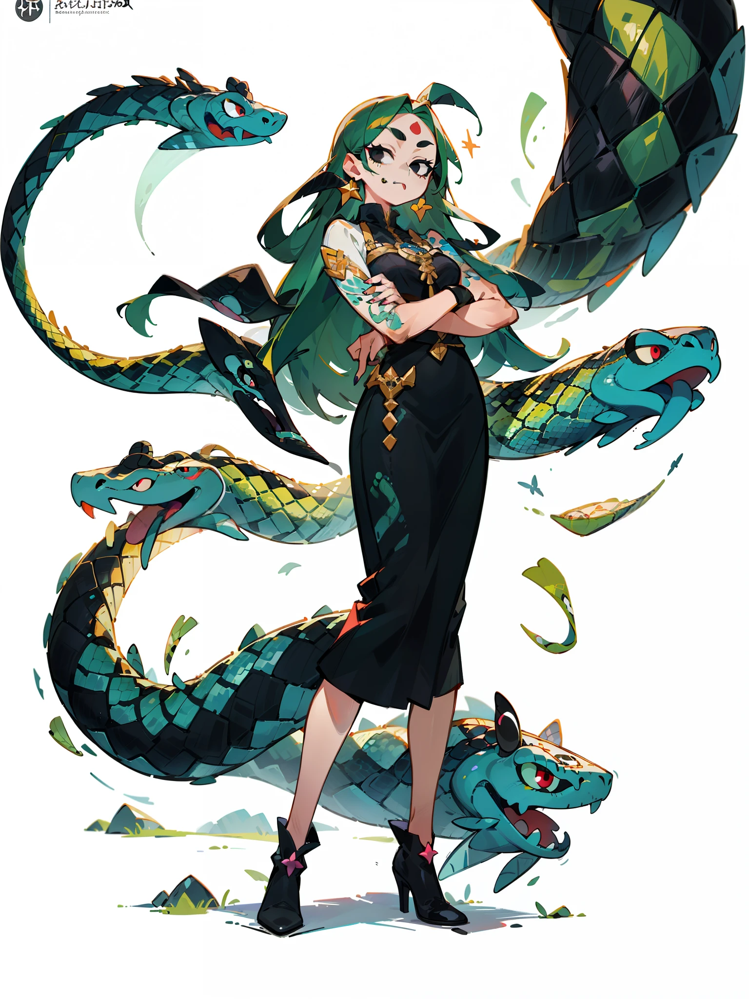 (masterpiece:1.2, best quality), 1woman, adult mature female (long green hair), (all black eyes, black sclera), poison powers, scales on skin, snake tongue, illustration, full body 