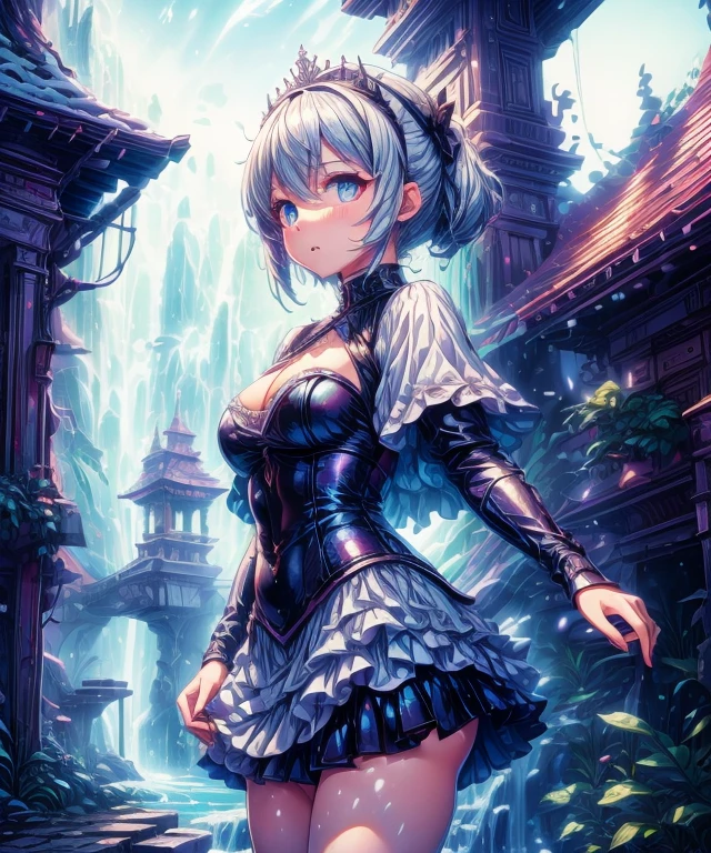 ((Masterpiece)), (highest quality))), (Character design sheet, national costume, same character, front, side, back), illustration, 1 girl, full body, silver hair, eye hair, beautiful eyes, princess cut, environmental change scene, short skirt, shyness, woman, girl, standing, goth , V-tuber, chartaan betarola, (simple background, white background: 1.3) ( Masterpiece:1.2), (Best Quality:1.3)