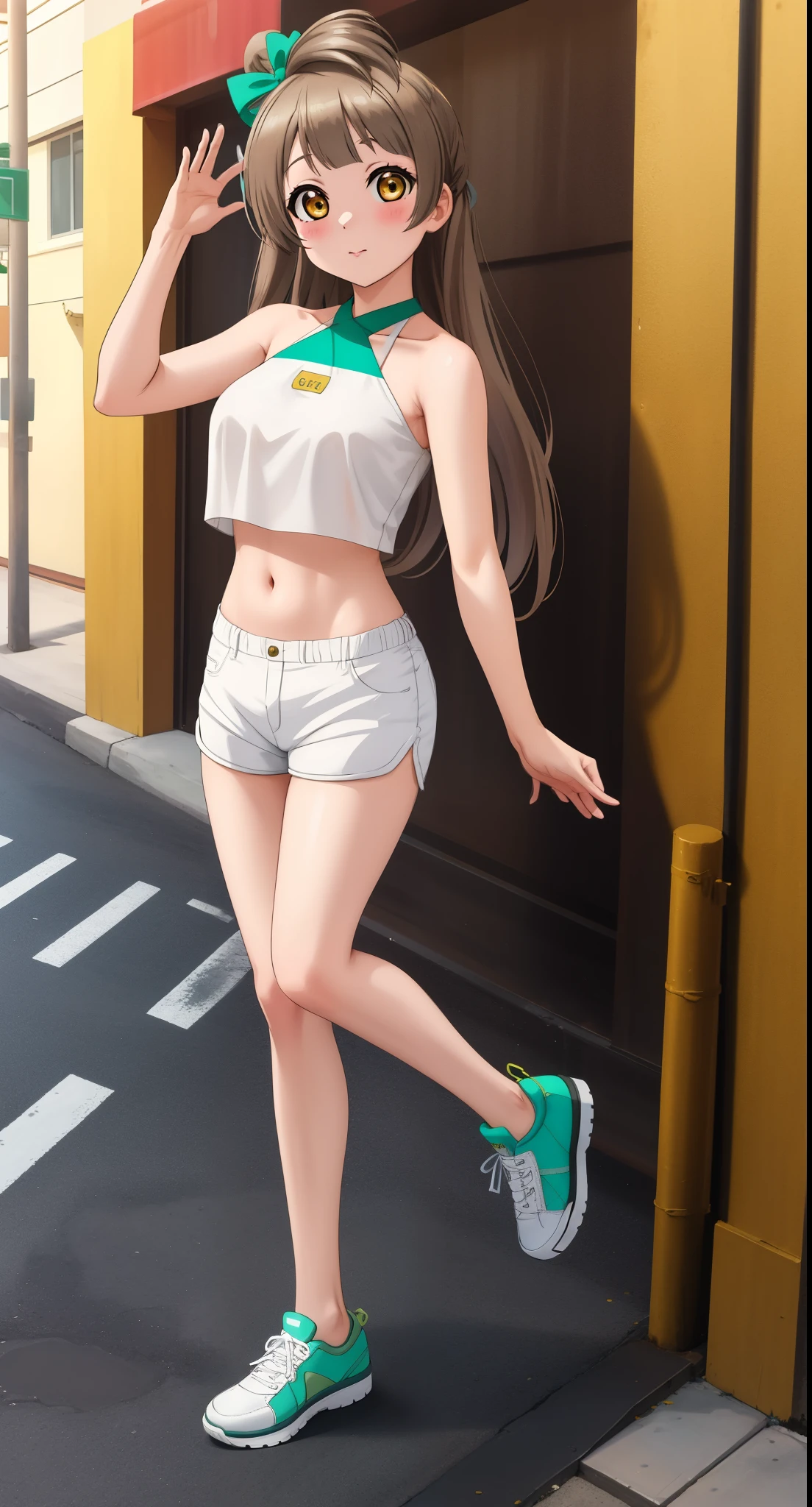 Masterpiece,solo focus, bar, minami kotori, cowboy shot,white shorts, crop top, halter neck, posing,in street, thighs , shoes 
