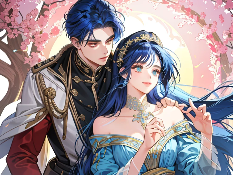 capa de livro: Um jovem de estatura imponente enfeita a capa, her captivating golden eyes and navy blue hair reflecting passion and mystery. Its presence is magnetic, adornado em trajes elegantes, e um sorriso cativante acrescenta um toque especial. do lado dele, uma jovem de beleza transcendental com longos, cabelos castanhos dourados ondulados e olhos violeta profundos irradiando luminosidade natural. Her warm smile and graceful movements give her a presence that is both delicate and captivating... The image captures the elegance and intensity of a compelling romance. He had his arm around her waist, ensuring that your loved one would not escape.