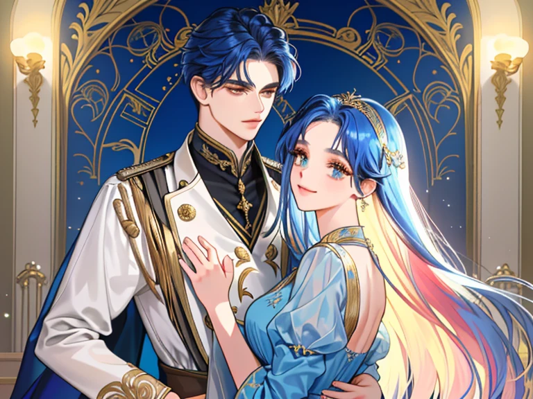 capa de livro: Um jovem de estatura imponente enfeita a capa, her captivating golden eyes and navy blue hair reflecting passion and mystery. Its presence is magnetic, adornado em trajes elegantes, e um sorriso cativante acrescenta um toque especial. do lado dele, uma jovem de beleza transcendental com longos, cabelos castanhos dourados ondulados e olhos violeta profundos irradiando luminosidade natural. Her warm smile and graceful movements give her a presence that is both delicate and captivating... The image captures the elegance and intensity of a compelling romance. He had his arm around her waist, ensuring that your loved one would not escape.