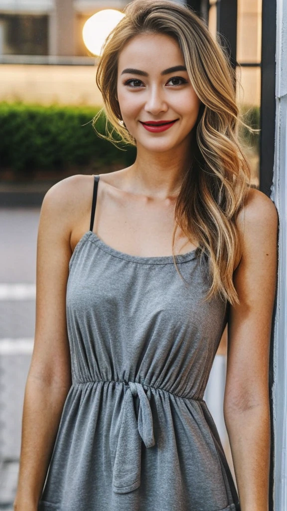 23 year old dutch girl, RAW, beautiful young fresh woman, semi-open strawberry lip, dimples, wistful expression, (brown hair long wavy), ((detailed face)), ((detailed facial features)), (fine detailed skin), brown skin, at center of dark nite life club, (cool color), moist, damp, reflection, (masterpiece), long Messy black Hair,(( gray sexy mini short micro side cut sun dress)), full body waist up pose , upper_body pose
