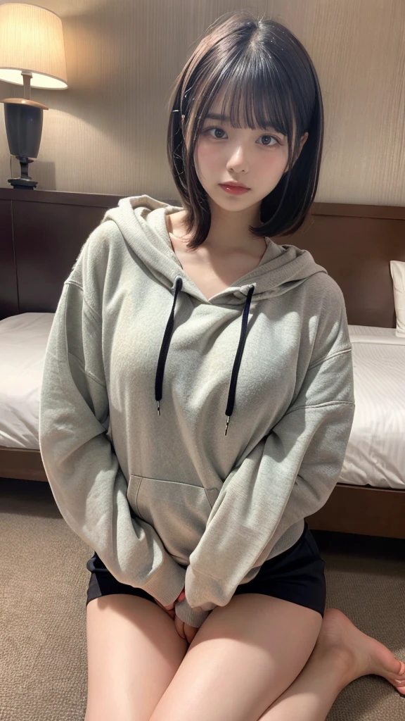 muste piece, best quality, illustration, Super detailed, fine details, High resolution, 8K,wall paper, perfect dynamic composition,(Details High quality, realistic depiction of eyes:1.3), Oversized Light Grey Hoodie, Erotic Shorts, short bob hair, Lying down, black hair color, Big Natural Color Lip, bold sexy pose, (perfect body shape), crying a little、cold gaze, Harajuku style、20 year old girl、cute type、ta、beautiful legs, hotel room, hposing Gravure Idol, Voluptuous thighs